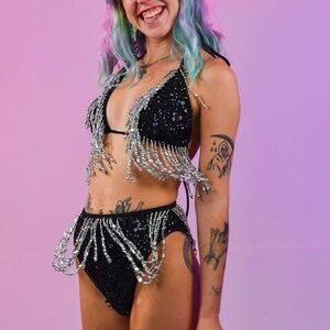 Black Sequin Bra Crop Top Bottoms
